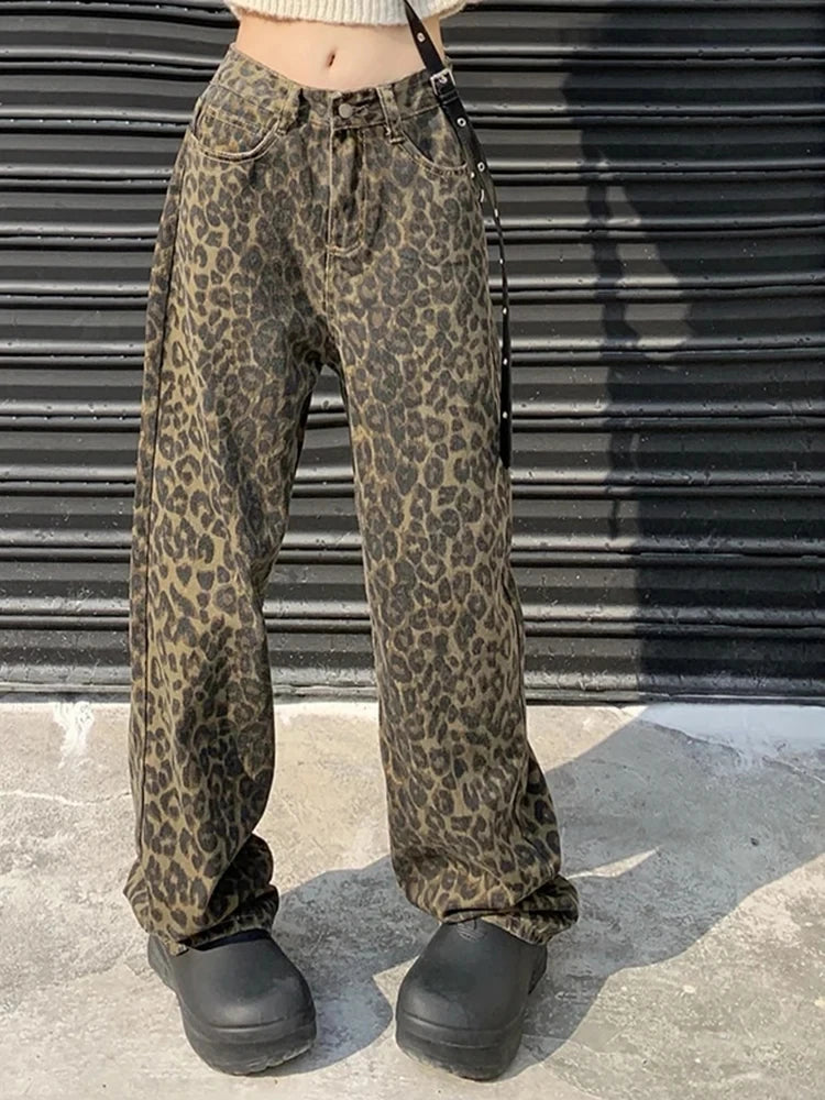 American Washed Leopard Print Wide Leg Jeans for Women Retro Street Distressed New Harajuku Style Hottie Baggy Y2K Casual Pants - Lootquake