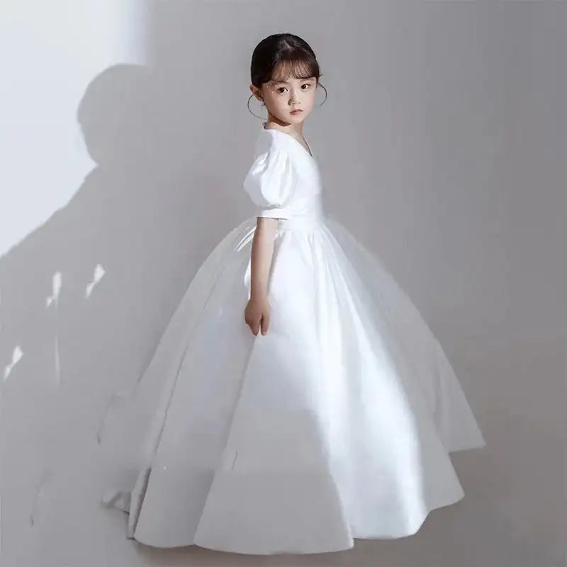 Children's Dress V-Neck White Patchwork Bow Short Sleeve Summer Clothes Fashion Girls Birthday Party Princess Long Dress 3-8year - Lootquake