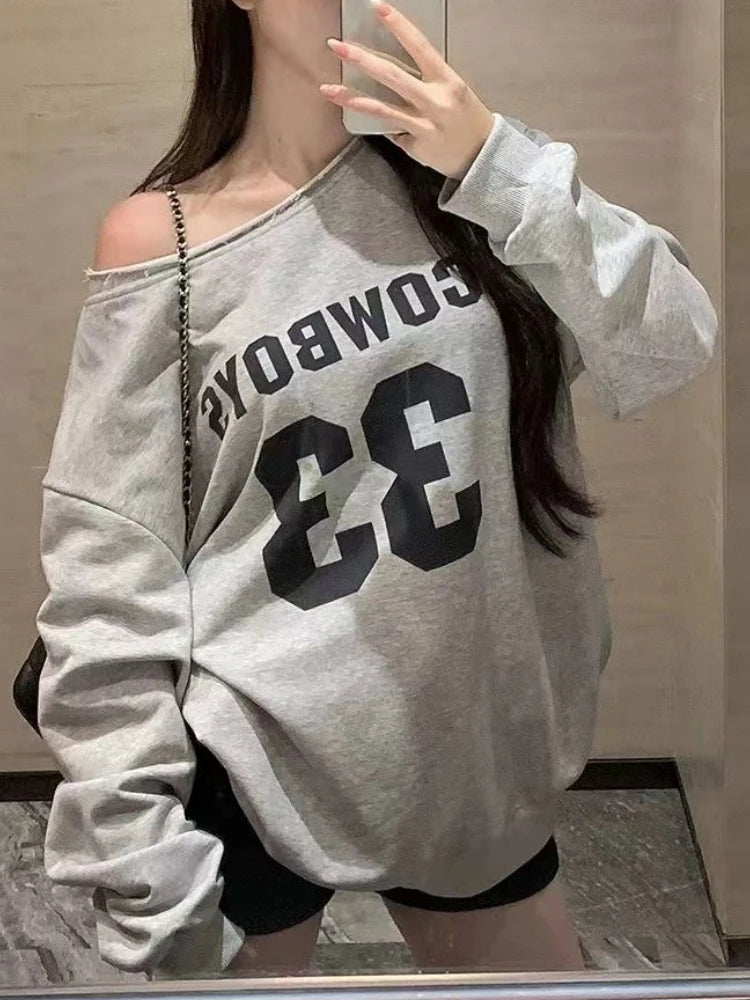 Autumn New America Retro Spice Girl Clothing Women Y2 Oblique Shoulder Long Sleeves T-shirt Female Loose Oversize Lazy Style Top - Lootquake