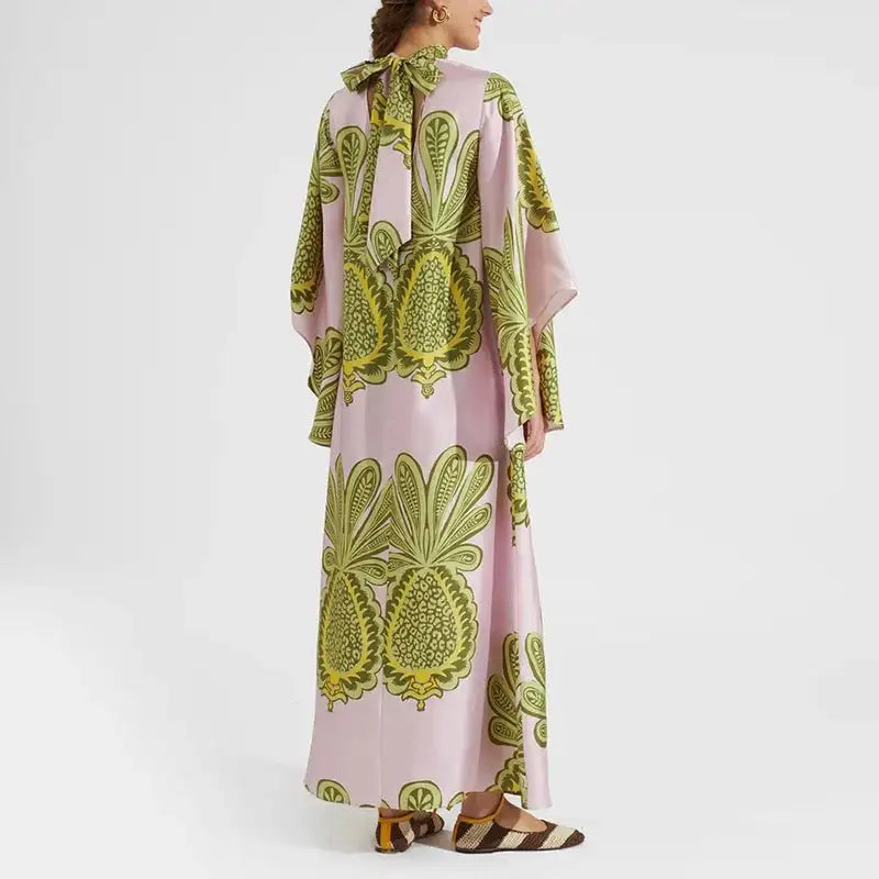 Ethnic Retro Spring Print Boho Long Dress Women Sexy Stand Collar Lace-up Party Dress Fall Long Sleeve Loose Ladies Maxi Dresses - Lootquake