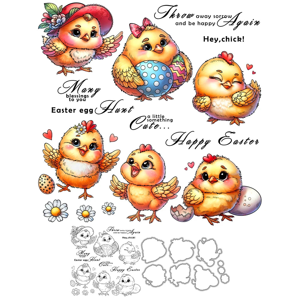 Mangocraft Easter Cartoon Chickens Cutting Dies Clear Stamp DIY Scrapbooking Metal Dies Silicone Stamp For Cards Albums Decor - Lootquake