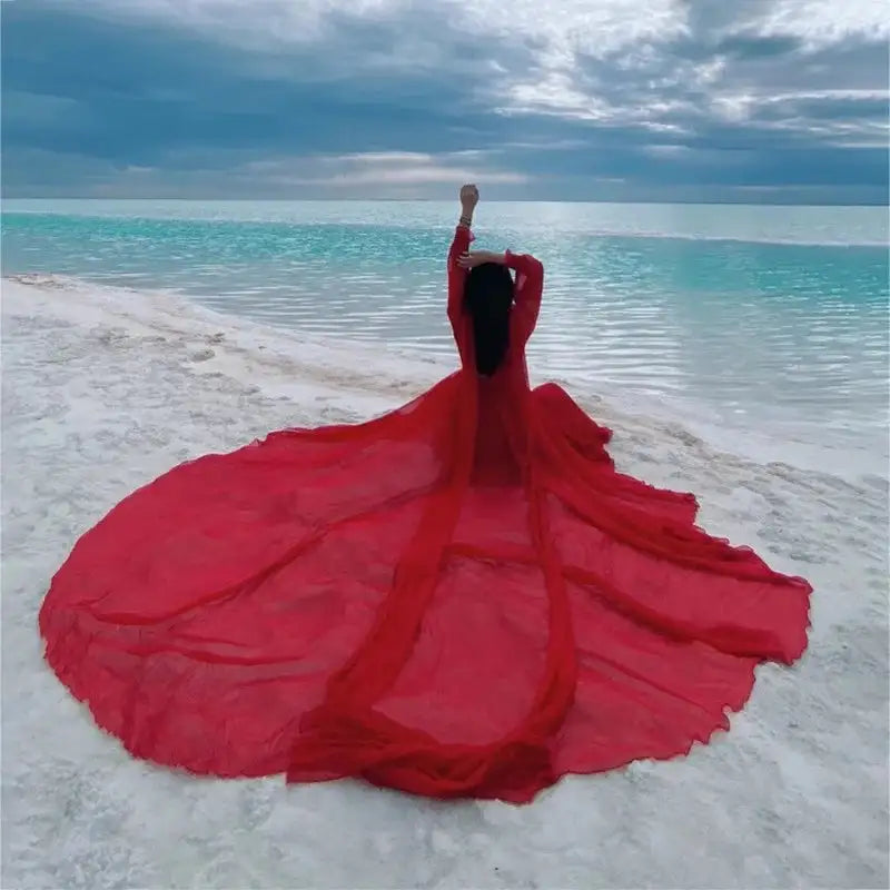 2025 Spring/Summer Silk Dress with Charm Seaside Vacation Beach Dress Red Extra Long Tailed Long Dress White Elegant And Gracefu - Lootquake