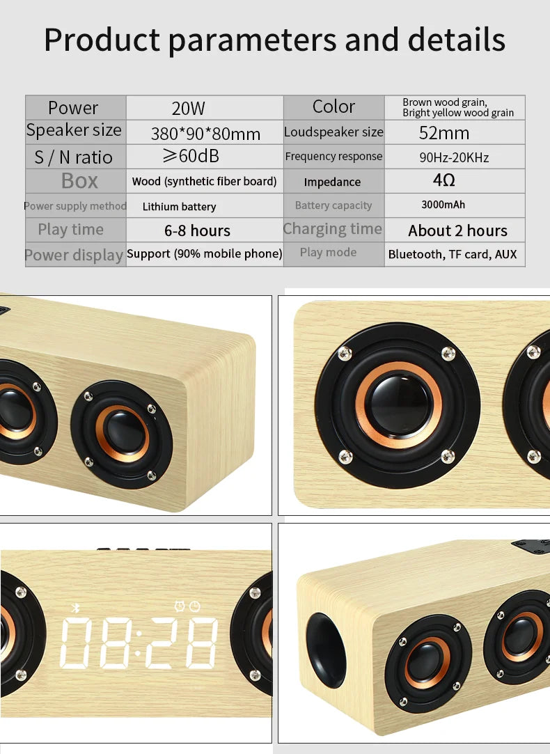Altavoz Bluetooth de madera, portátil, inalámbrico, subwoofer, reloj, caja de sonido, ordenador de casa, barra de sonido de pared, estéreo HiFi, TF, AUX, disco U