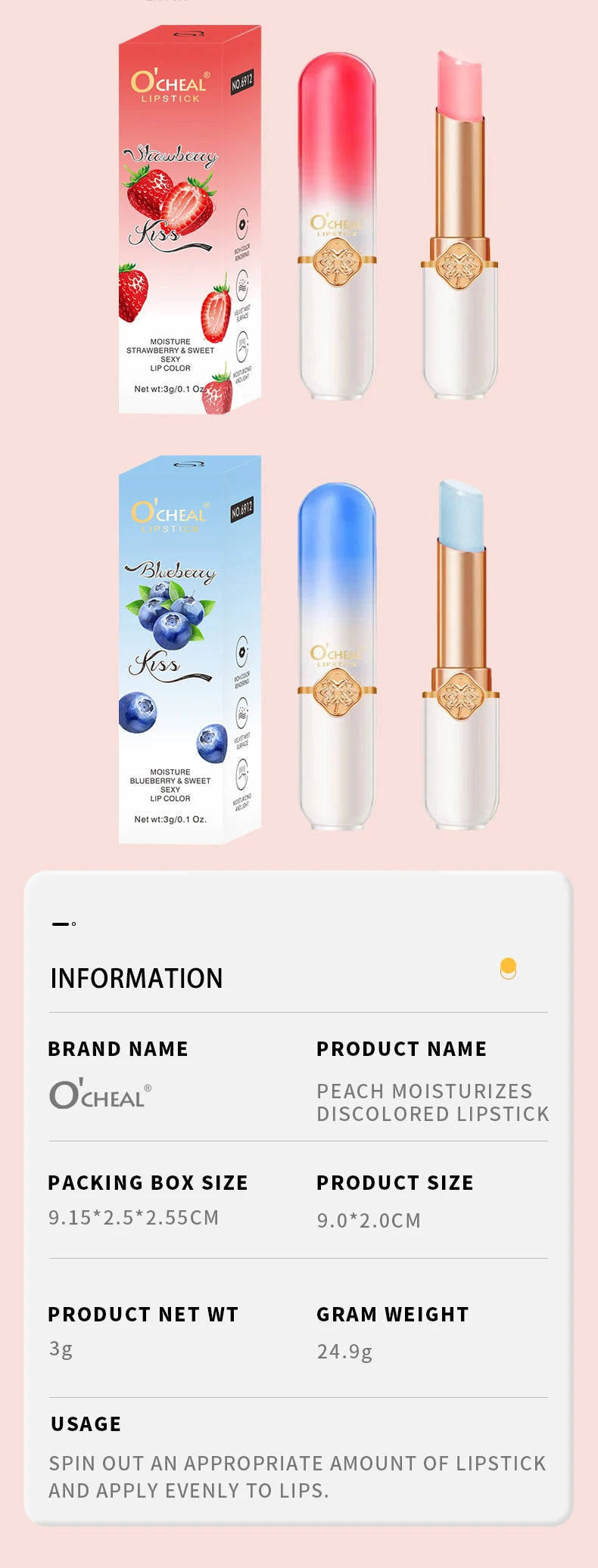 Rouge à lèvres O'CHEAL Color Fruit Pêche Baume à lèvres changeant de température Hydratant Imperméable Longue durée Hydrate Baume à lèvres