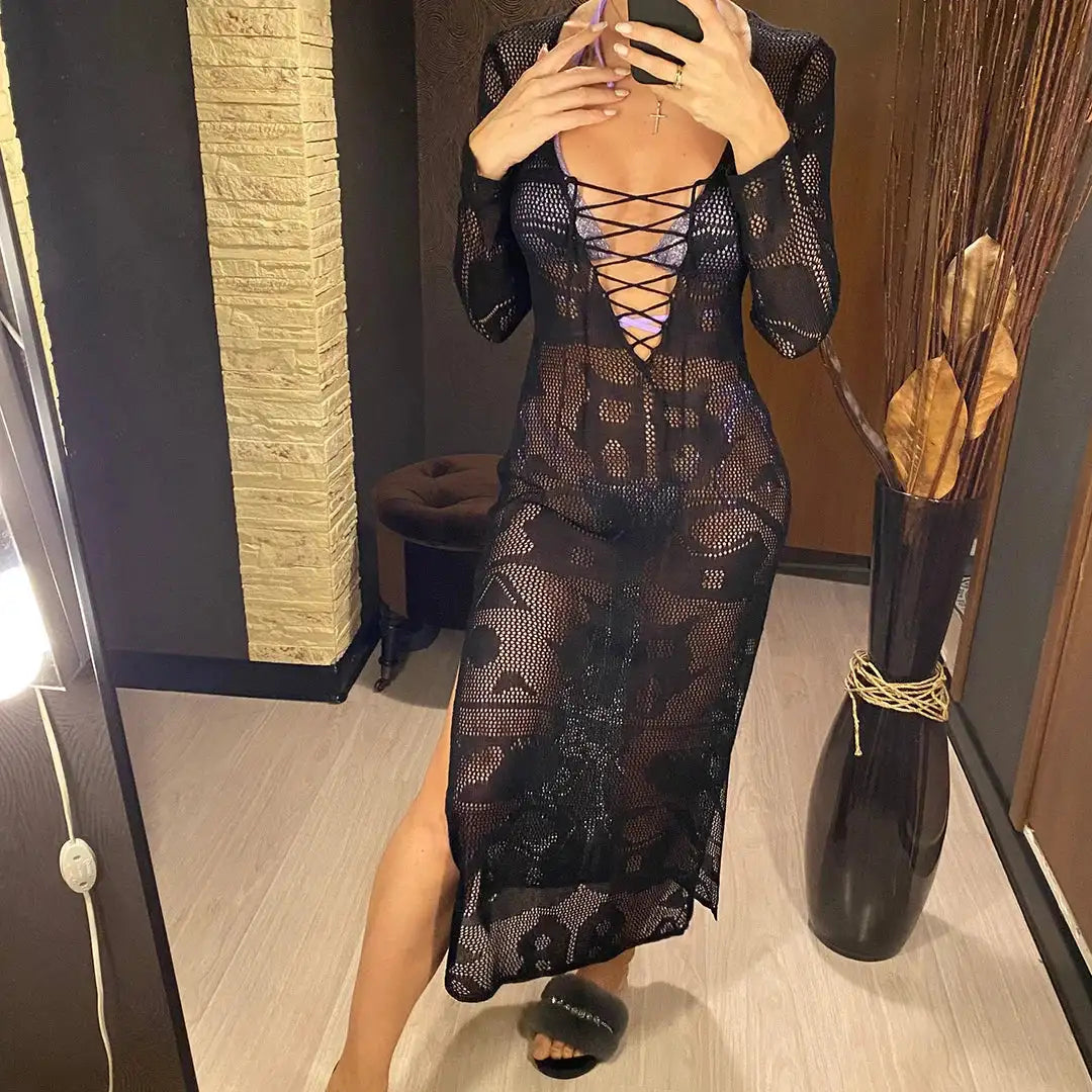 Deep V Dress Lace Up Long Sleeve Women Split Maxi Dress Crochet Knitted Tunic Mesh Sheer Sexy Bodycon Long Dress Vestido V4146B - Lootquake