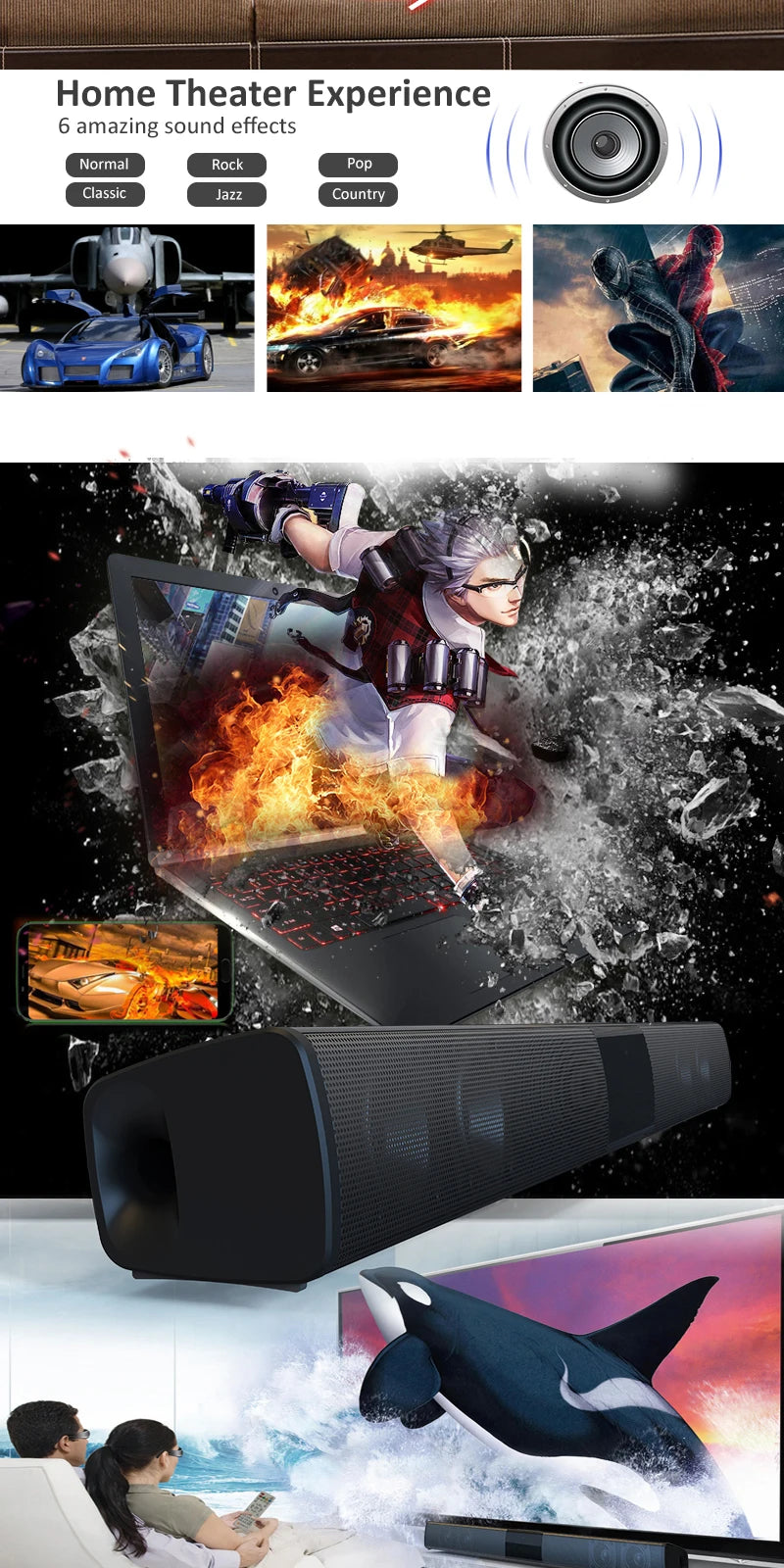 Enceinte Bluetooth colonne haute puissance, portable, barre de son pour ordinateur, centre musical, boombox avec TF, AUX, USB, radio