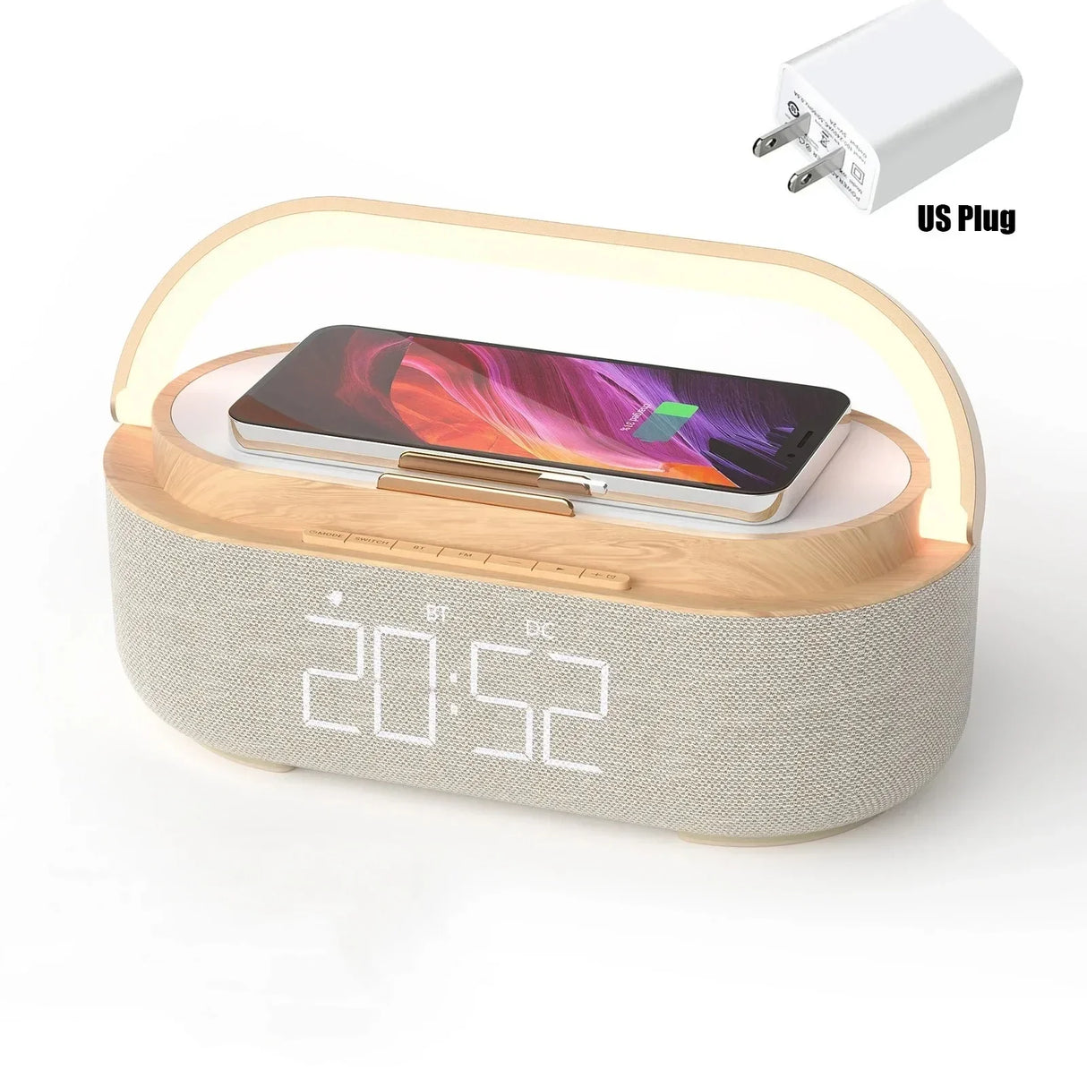 Altavoz Bluetooth, batería de 2500 mAh, compatible con carga inalámbrica de 15 W, reloj digital, pantalla, luz nocturna, despertador, estéreo Bluetooth.