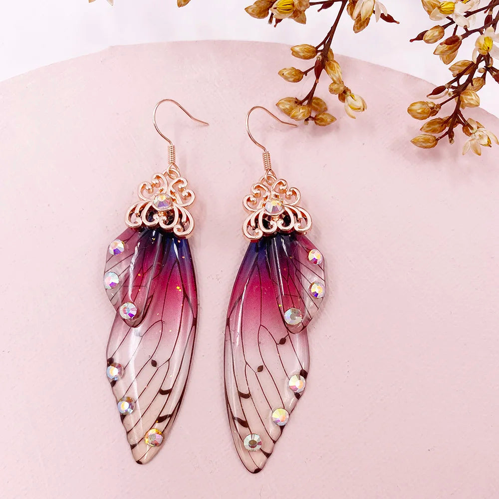 New Handmade Fairy Simulation Wing Earrings Insect Butterfly Wing Drop Earrings Foil Rhinestone Earrings Romantic Bridal Jewelry - Lootquake