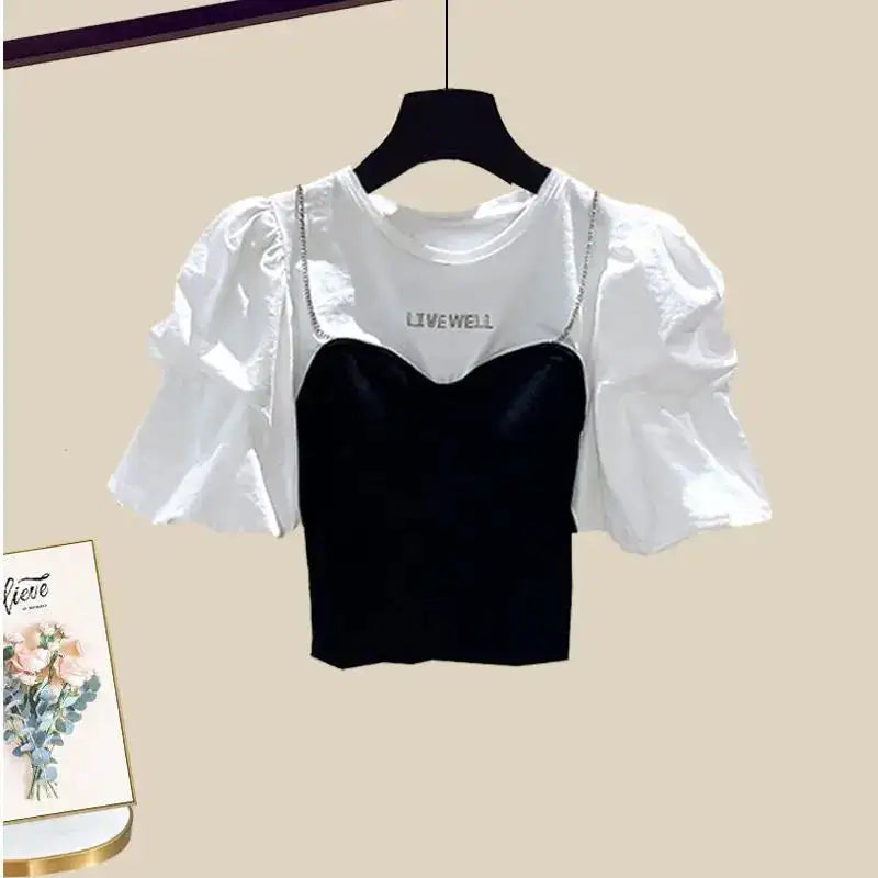 Spring/Summer Set Women's New Korean Edition Sweet and Spicy Bubble Sleeve Spliced Top Age Reducing Half Skirt Two Piece Set - Lootquake
