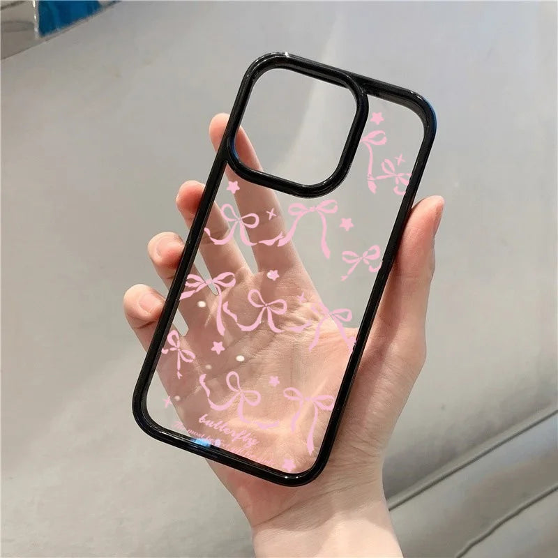 Funda transparente para teléfono con lazo rosa