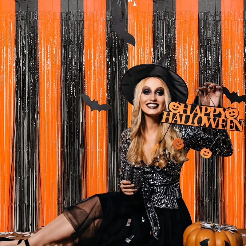 Rideau de pluie en soie avec pompons métalliques, décoration d'Halloween, noir et rouge, orange, 1 x 2 m