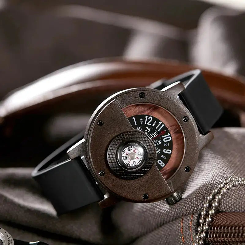 Natural Wood Watch Men Turntable Compass Dial Real Walnut Ebony Bamboo Wooden Watches Male Brown Concept Clock Quartz Wristwatch - Lootquake
