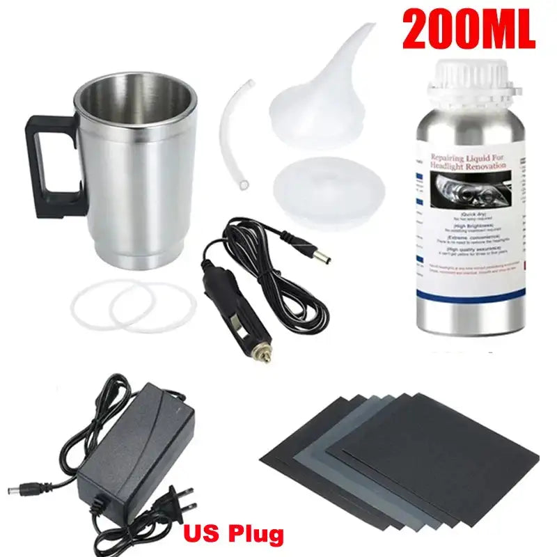 Car Headlight Lens Restoration Kit with EU/US Plug Headlamp Restore Polishing Cleaning Tools 100ml/200ml - Lootquake