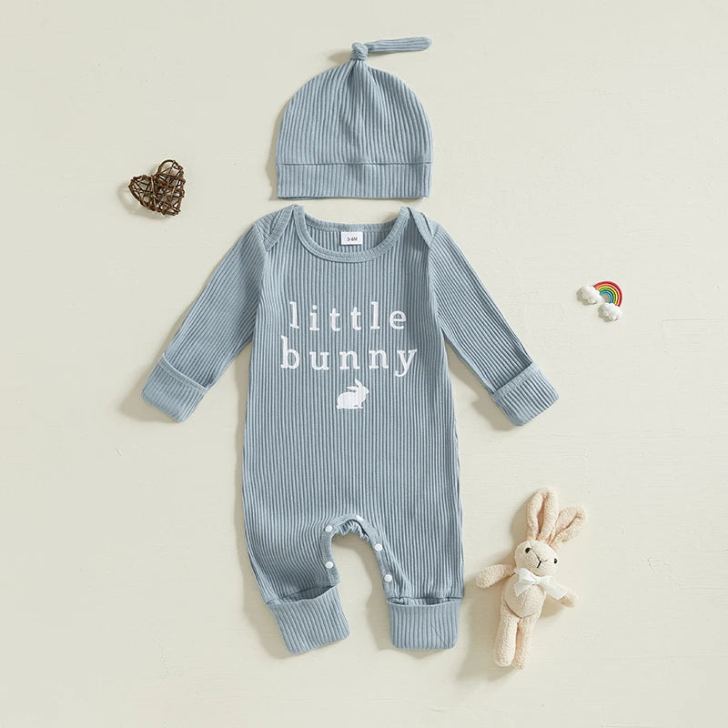 Adorable Easter Bunny Print Romper with Matching Hat for Baby s First Easter Celebration - Long Sleeve Round Neck Jumpsuit - Lootquake