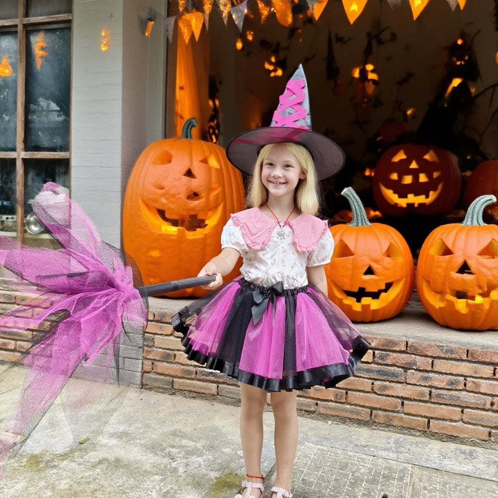 Girl's Halloween Witch Costume Set for Cosplay Parties Includes Breathable Soft Lining Skirt Broom Hat for Children