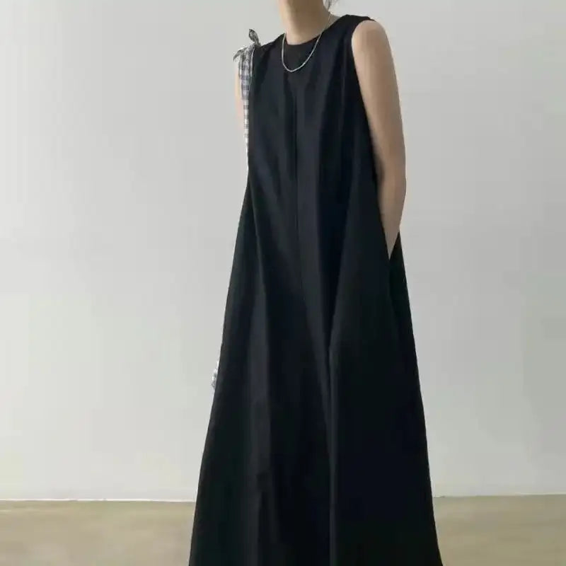 2022 Minimalist Chic Loose Swing Sleeveless Mid-length Casual Cotton Linen Long Dress Round Neck High Waist Women Runway Dress - Lootquake