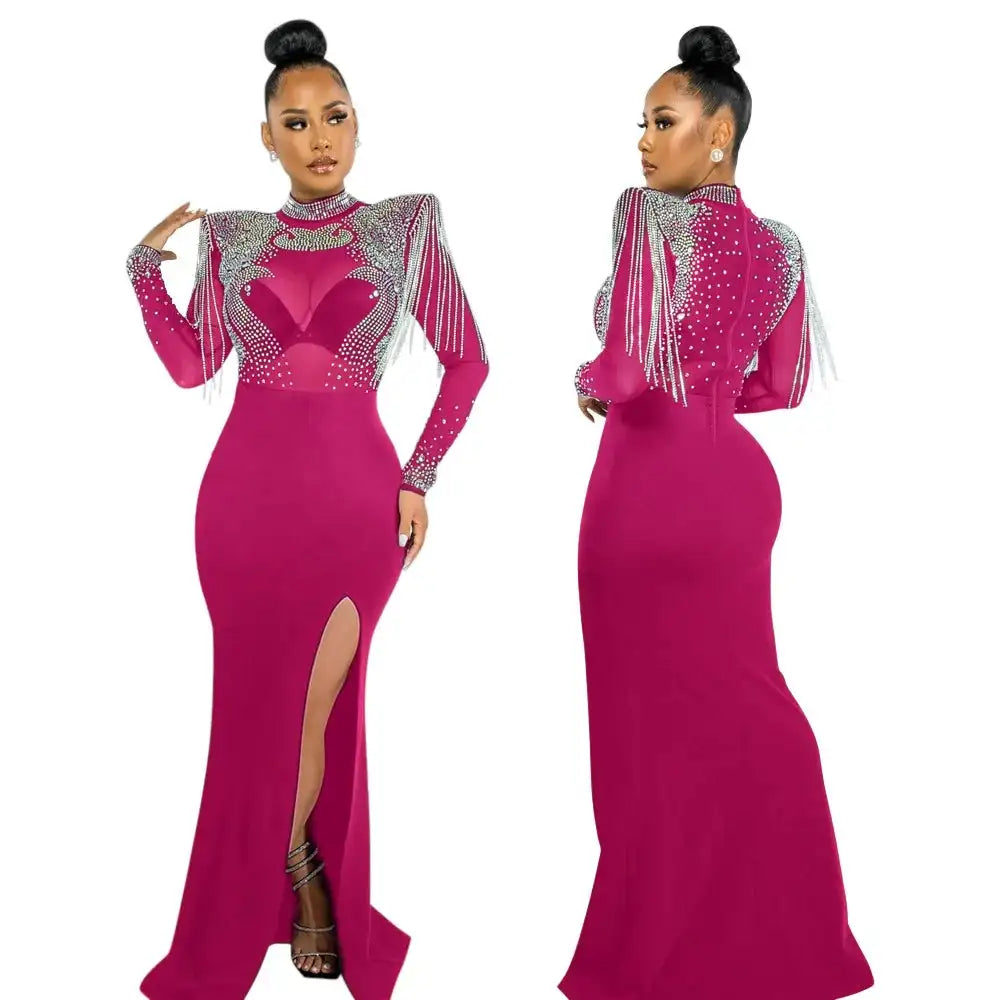 CM.YAYA Women Mesh See Through Long Sleeve Diamonds Hot Rhinestones Mermaid Long Dress Fall Evening Sexy Party Dresses Vestidos - Lootquake