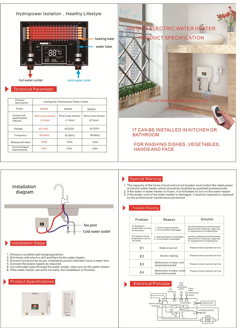 Chauffe-eau instantané 110 V 220 V pour cuisine et salle de bain, montage mural, électrique, affichage LCD de la température, avec télécommande