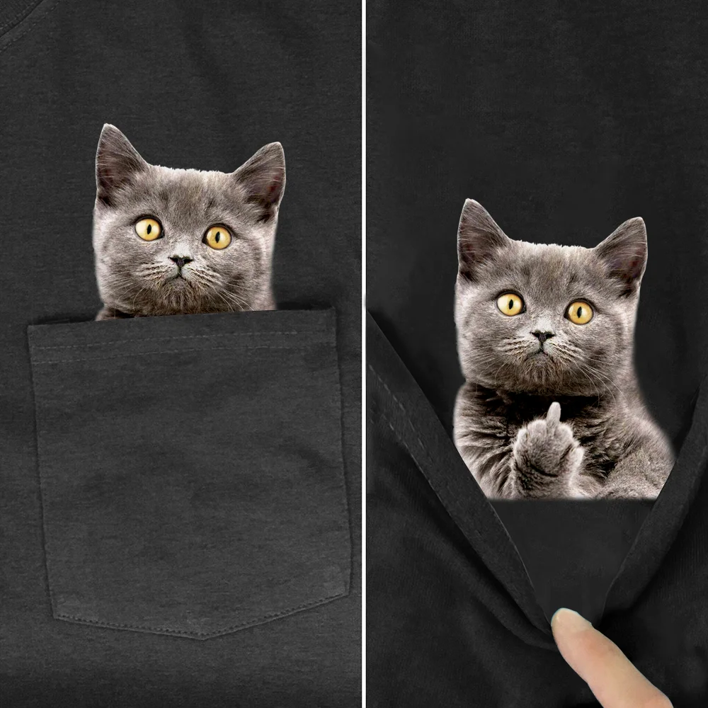 CLOOCL Animal T-Shirt Fashion Brand Summer Pocket Cat Stickers Printed T-shirt Men's Women Shirts Hip Hop Tops Funny Cotton Tees - Lootquake