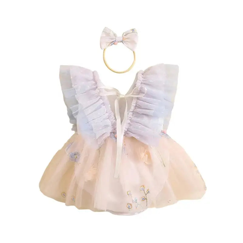Pudcoco Baby Girl 2Piece Summer Set 3D Butterfly Flower Embroidery Fly Sleeve Mesh Romper Dress 3D Bow Headband Toddler Outfits - Lootquake