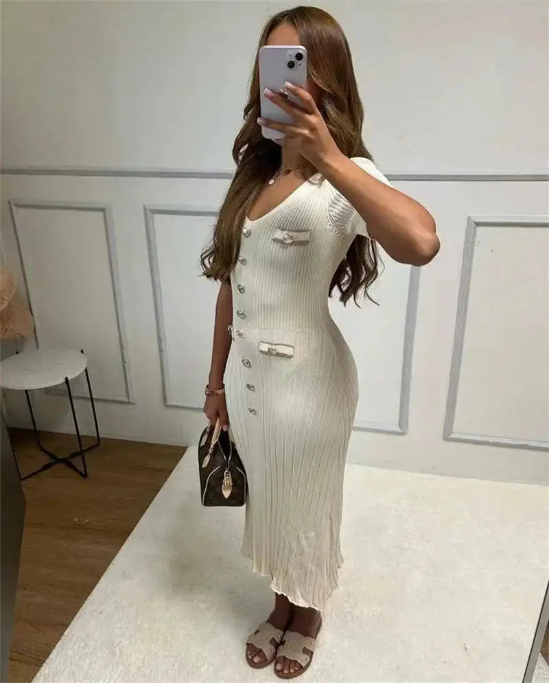 Office Lady Elegant Knitted Long Dress Summer Short Sleelve V Neck Single Breasted Bodycon Dresses Women Party Fashion Vestidos - Lootquake