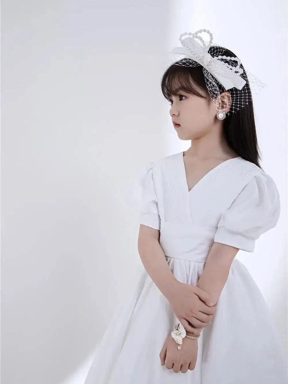 Children's Dress V-Neck White Patchwork Bow Short Sleeve Summer Clothes Fashion Girls Birthday Party Princess Long Dress 3-8year - Lootquake