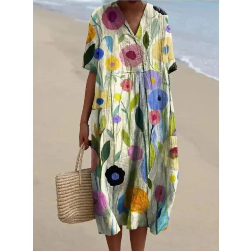 Casual Short Sleeved V-neck Big Swing Dress 2024 New Women's Loose Printed Long Dress Female Retro Flower Print Pullover Dresses - Lootquake