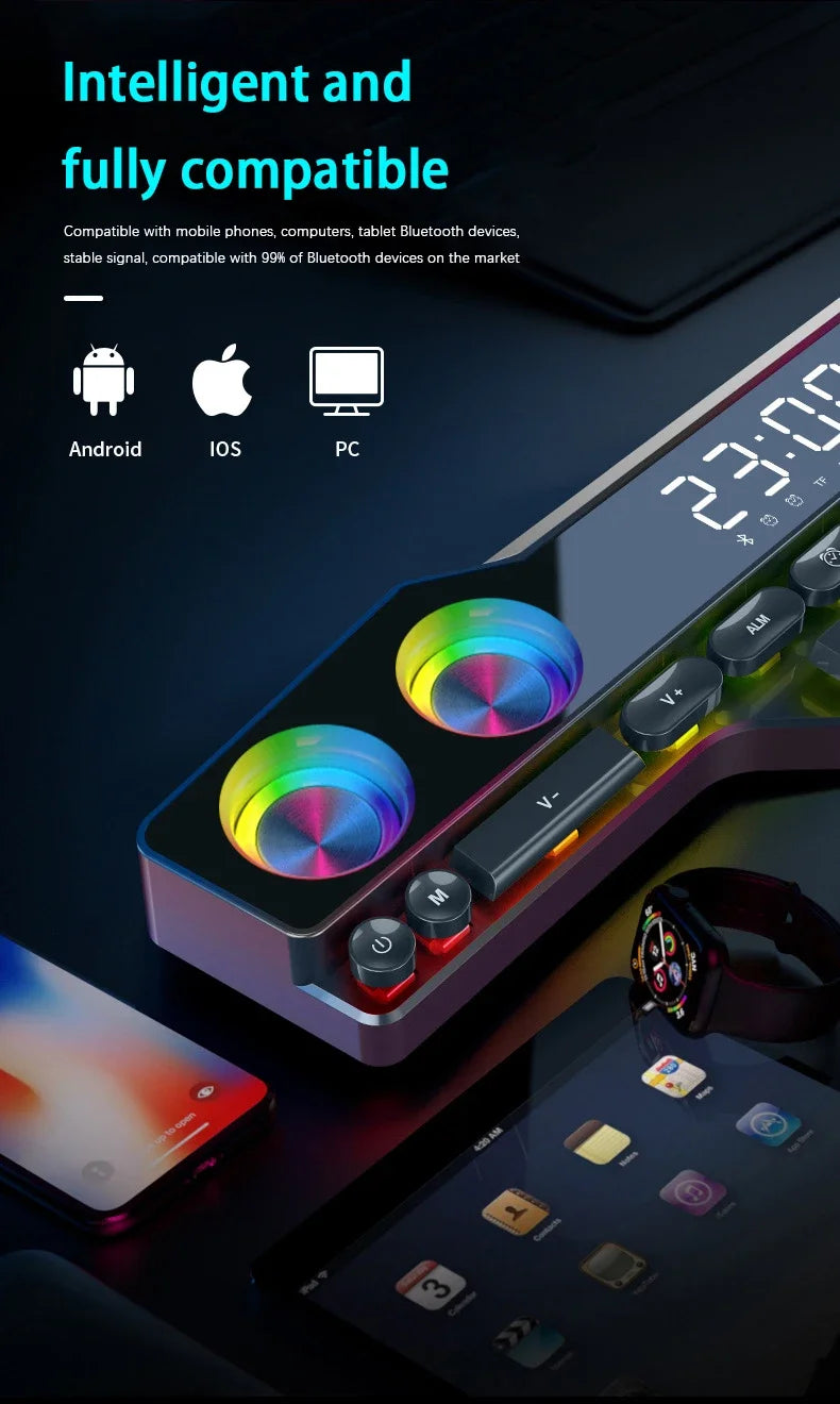 Barre de son sans fil Bluetooth pour jeux vidéo, USB, stéréo 3D, caisson de basses, FM, horloge, barre de son intérieure, haut-parleur pour ordinateur, offre spéciale