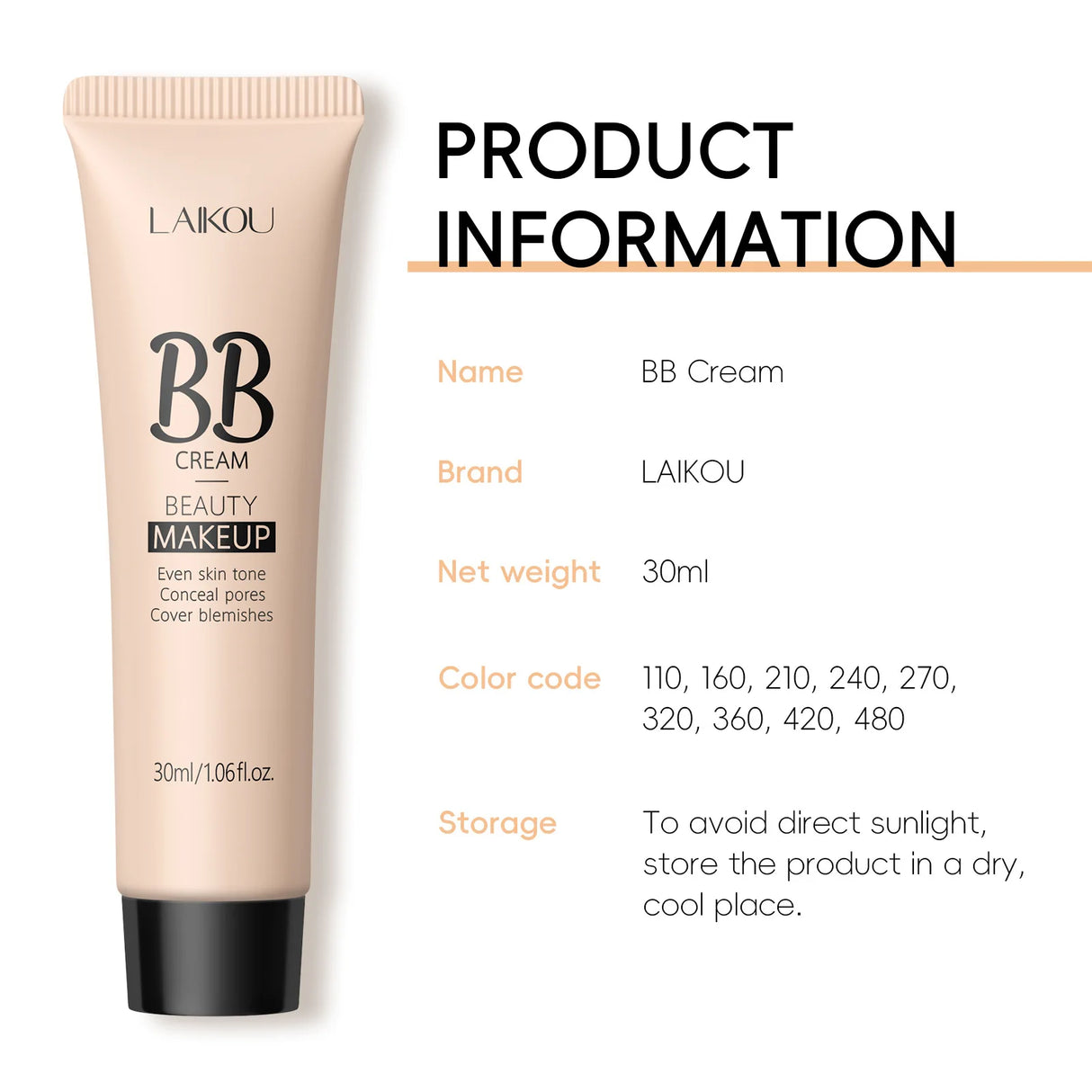 Base de maquillaje en crema con acabado natural, 30 ml, ligera, BB Cover, ojeras, poros, sin aceite, base de maquillaje de larga duración.