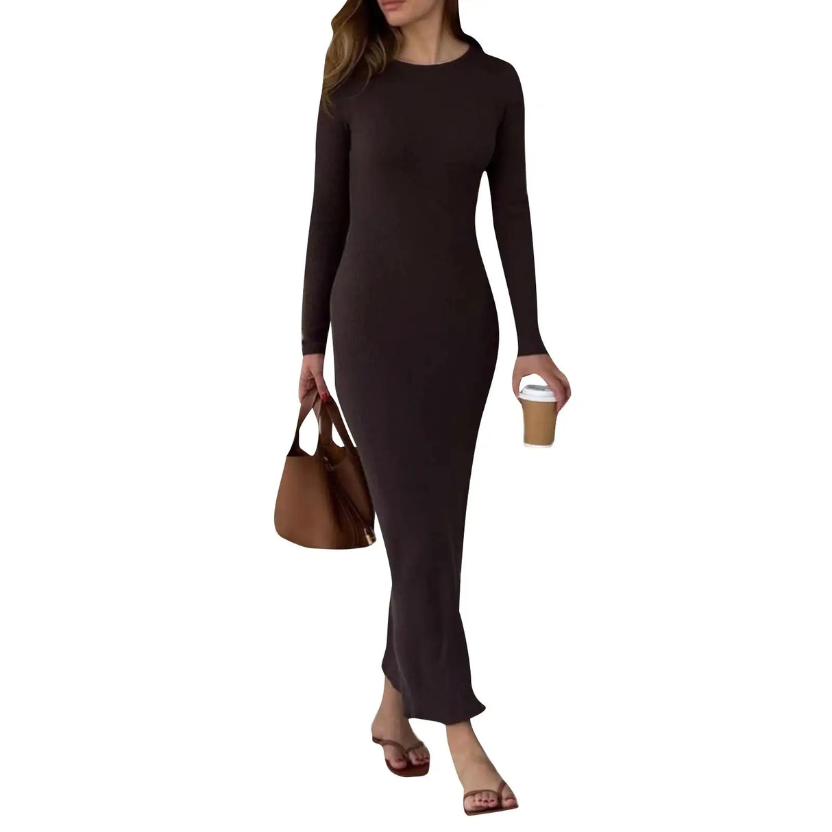 Autumn Winter Solid Color Bodycon Knit Dress Women Long Sleeve Crew Neck Ribbed Dress Slim Fit Long Dress - Lootquake