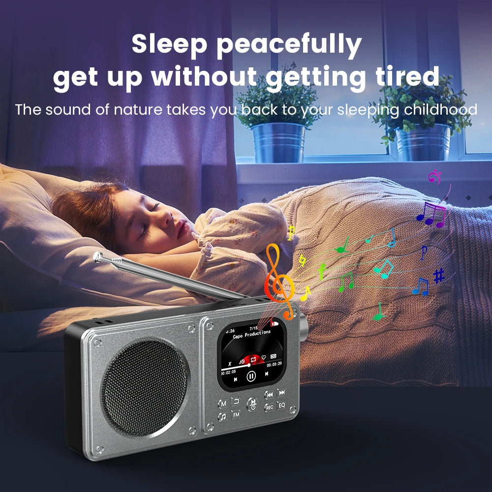 Altavoces inalámbricos Bluetooth 5.4 de 87,5-108 MHz, radio FM portátil para exteriores, reproductor de música MP3, compatible con auriculares, tarjeta TF, reloj con vídeo.