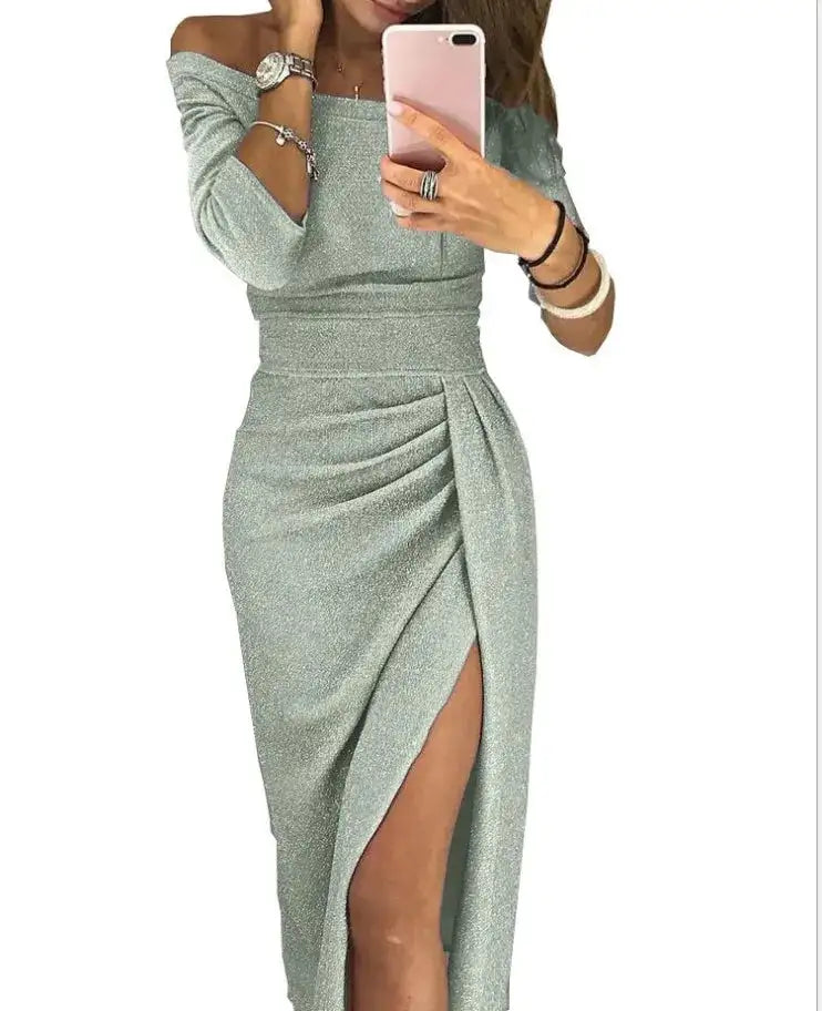 Slit Slash-neck Dress Women Sparkling Slim Long Dress Summer Korean Fashion Dinner Dress Bodycon Solid Women Dresses Vestidos - Lootquake