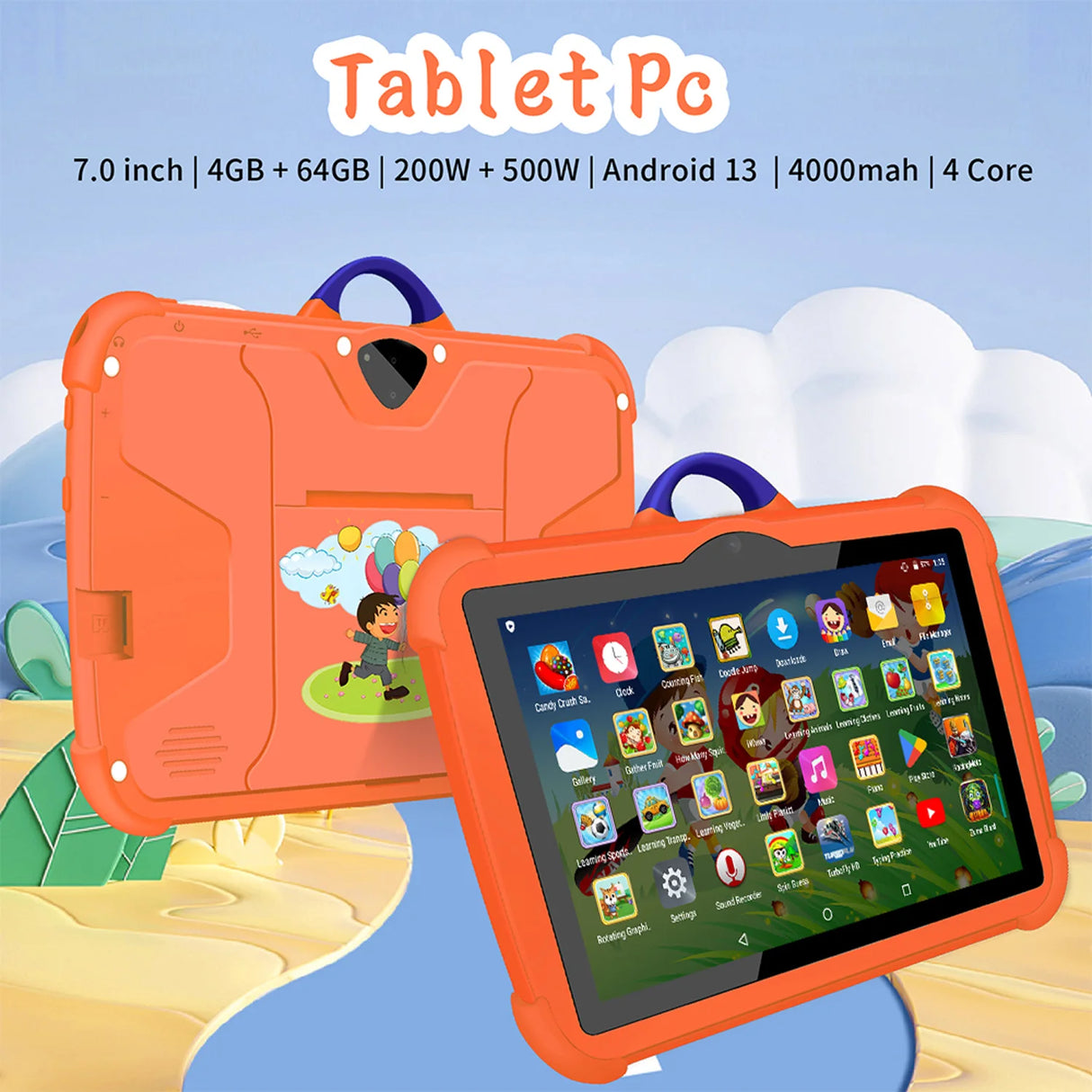 Tablette 7 pouces pour enfants, version internationale, 5G, double caméra BOW, Wi-Fi 5G, quadruple cœur, 4 Go de RAM, 64 Go de ROM, cadeaux pour enfants, 4 000 mAh
