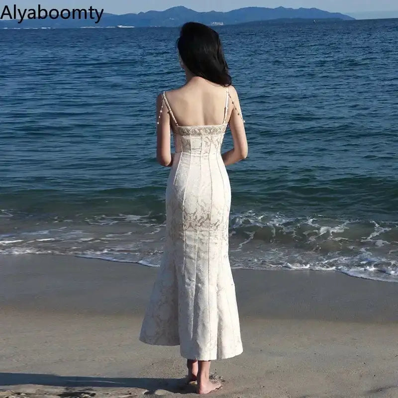 Summer Women Gorgeous Party Mermaid Prom Dress Spaghetti Strap Pearl Beading Ruffles Dress Feminine Backless Trumpet Long Dress - Lootquake