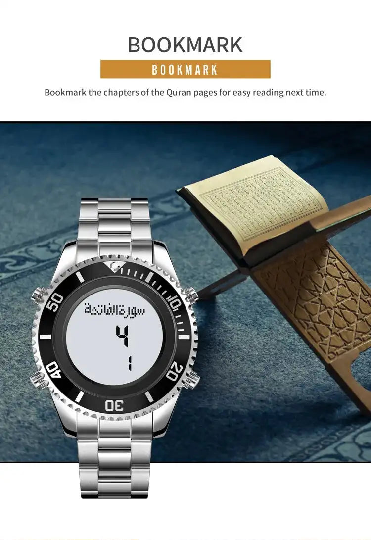 SKMEI 2141 Stainless Steel Digital Watche Muslim Azan Prayer Compass Clock Adhan Alarm Hijri Islamic Wristwatch with Back Light - Lootquake