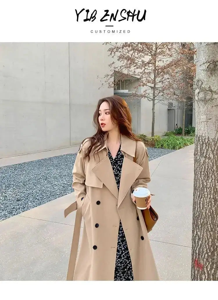 Streetwear Loose Trench Coat Midi Length Fashion Korean Elegant Khaki Black Women's Windbreaker Coat Casual Double Breasted Tops - Lootquake