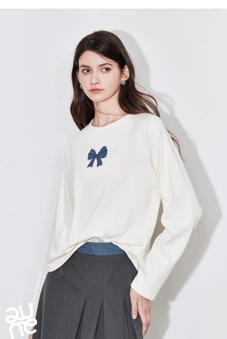 TOYOUTH Women T-shirt 2024 Autumn New Denim Bow Contrasting Color Raglan Sleeve Pullover Casual Tops - Lootquake