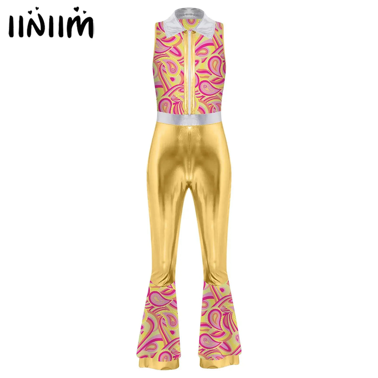 Womens Halloween Retro Hippie Cosplay Costume Party Hip-hop Dance Costume Metallic Shiny Vintage Carnival Bodysuit Jumpsuit
