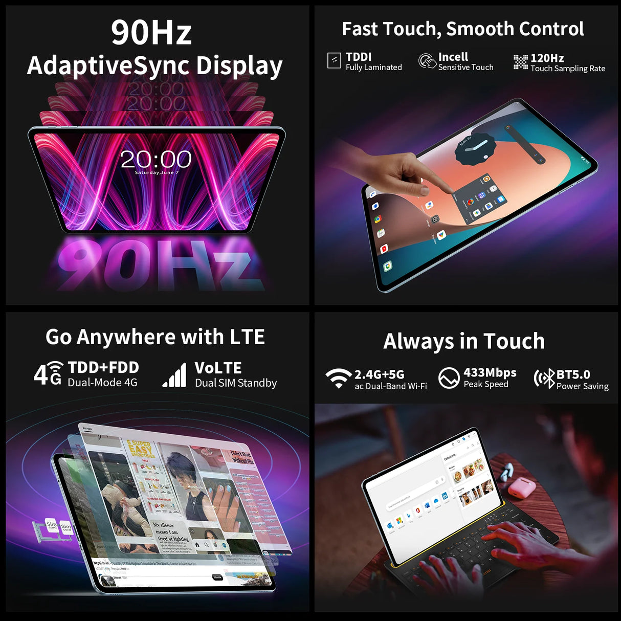 【Nouveau】Teclast T60 Plus 12 pouces Tddi 90 Hz Écran 2K 2000X1200 Android 14 Widevine L1 Mtk Helio G88 (6 Go de RAM + 10 Go d'extension) Batterie 16 Go/128 Go 8000 mAh 4G LTE Double SIM TF jusqu'à 1 To