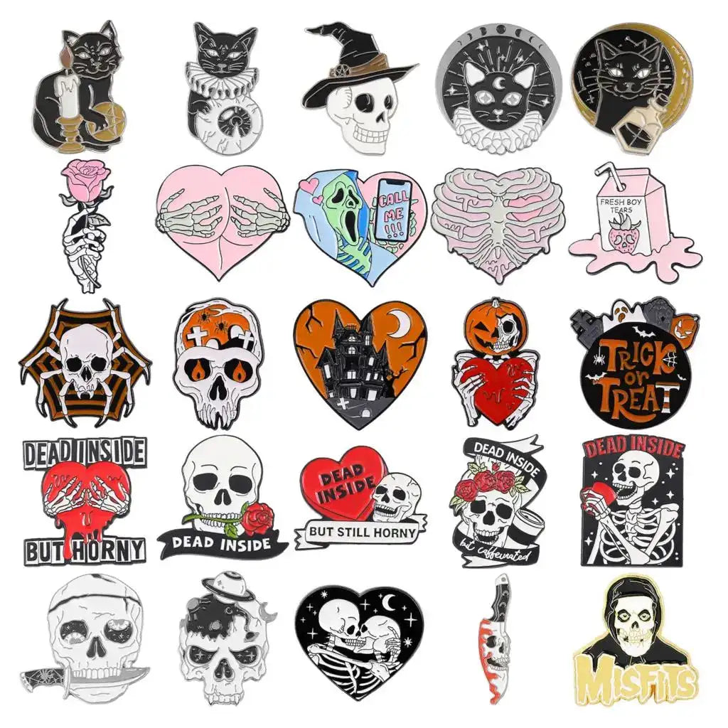 Punk Style Brooch Skull Rose Heart Brooch Halloween Cat Head Compass Wizard Hat Black Cat Alloy Brooches Enamel Badge Lapel Pins - Lootquake