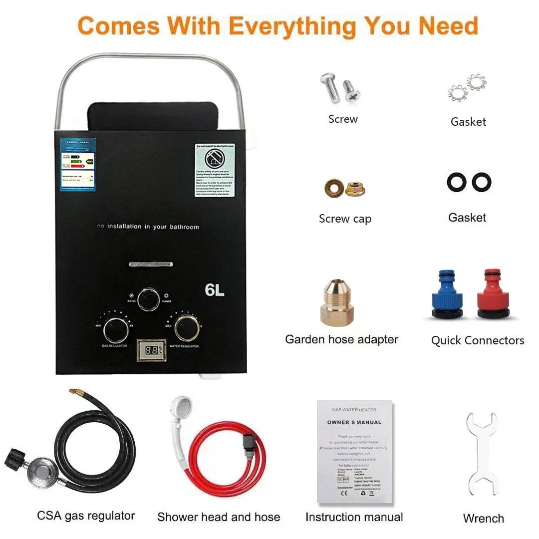 Calentador de agua instantáneo sin tanque de 6 litros para acampar al aire libre, a gas propano, con cabezal de ducha, para auto, camión y tienda de campaña.