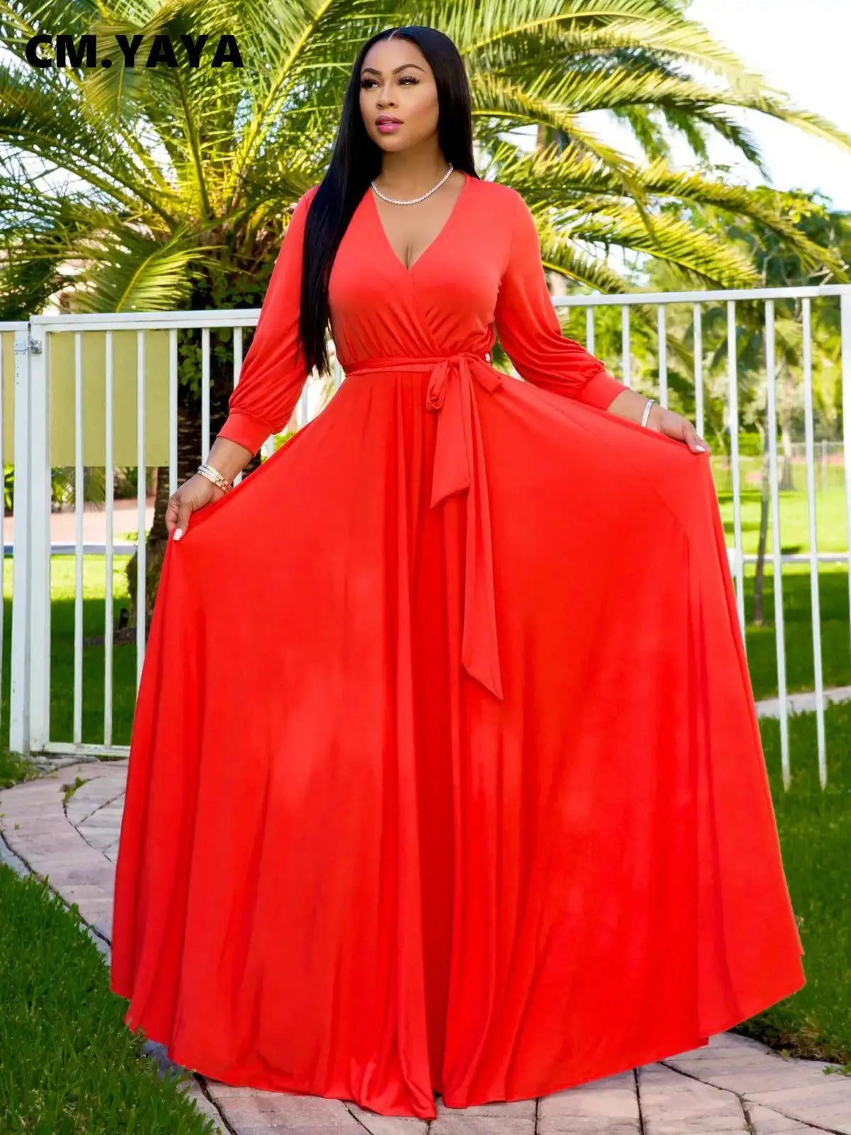 CM.YAYA Elegant Women Wraped V-neck Long Sleeve with Sashes Maxi Long Dress Chic INS Sexy Party Prom Big Swing Pink Dresses - Lootquake