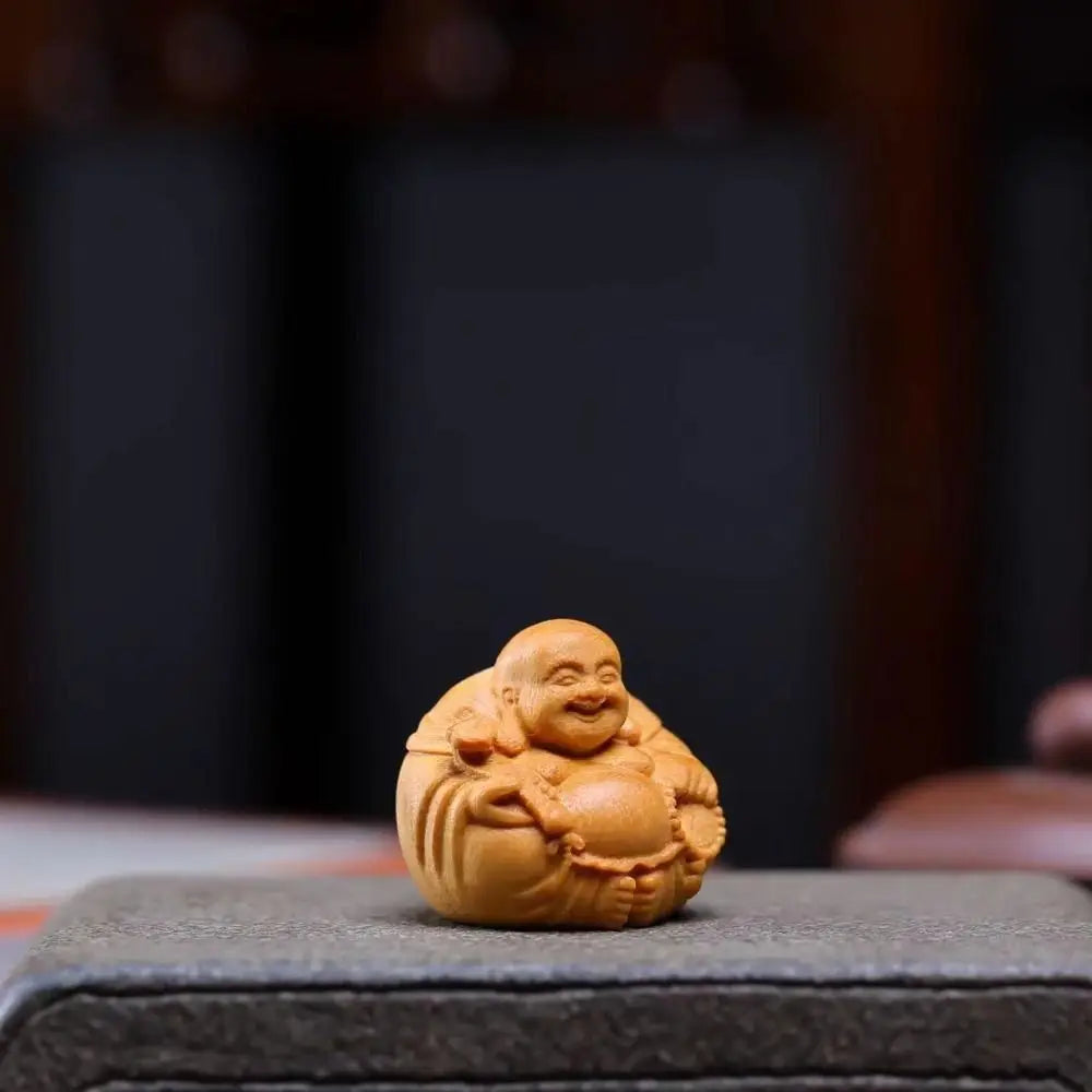 Home Decor Woodcarving Laughing Buddha Maitreya Sculpture Miniature Wooden Buddha Statue Craft Mini Handmade Statue Table Top