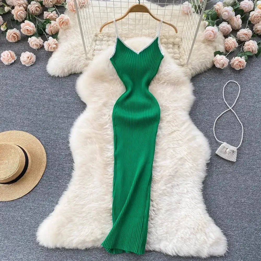 Summer V Neck Knit Sexy Strap Dress Women Elatic Waist Bodycon Sundress Female Beach Backless Maxi Long Dress - Lootquake