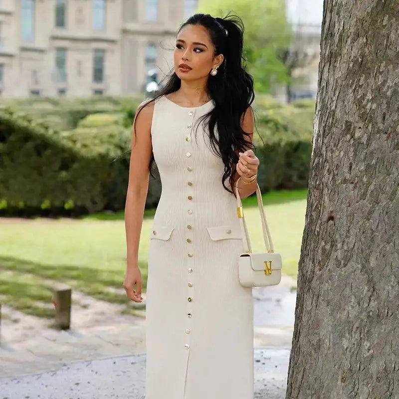 Fashion Knitted Long Dress For Women Elegant Sleeveless Button Maxi Sweater Bodycon Dresses Female Party Fashion Vestidos 2024 N - Lootquake