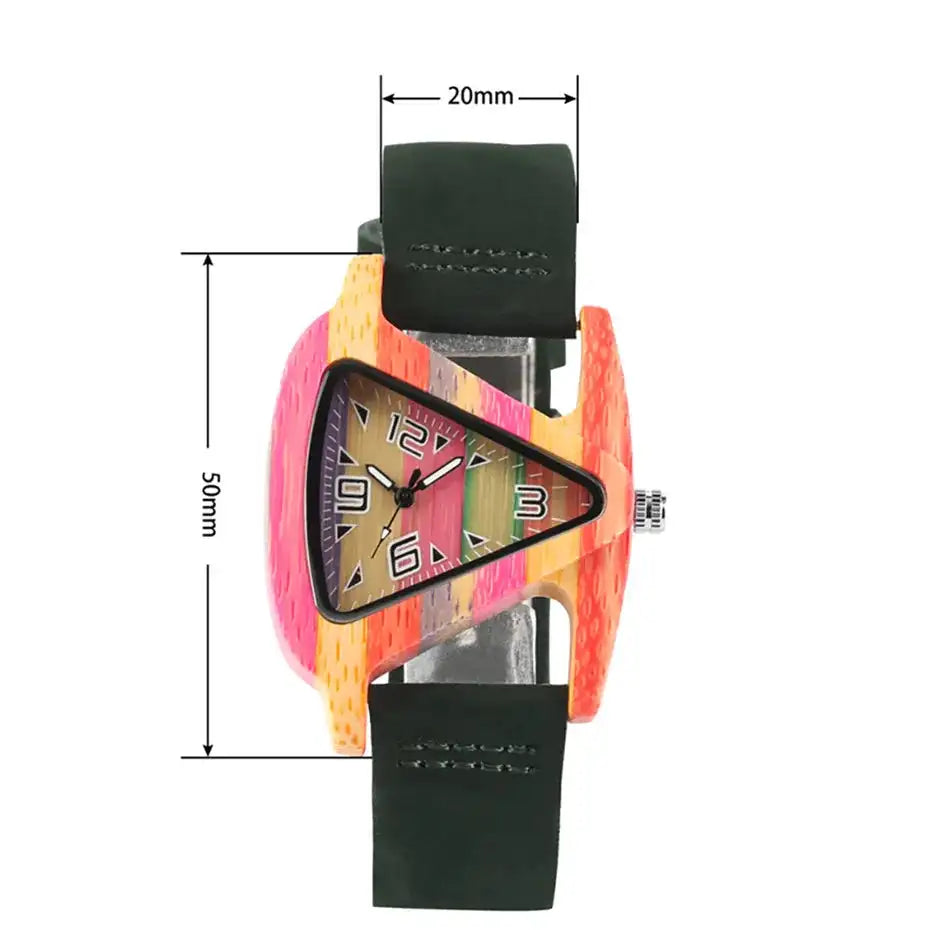 Unique Triangle Women's Wood Watch Creative Colorful Lady Green/ Red Genuine Leather Wristwatch Elegant Womens Watches Top Gifts - Lootquake