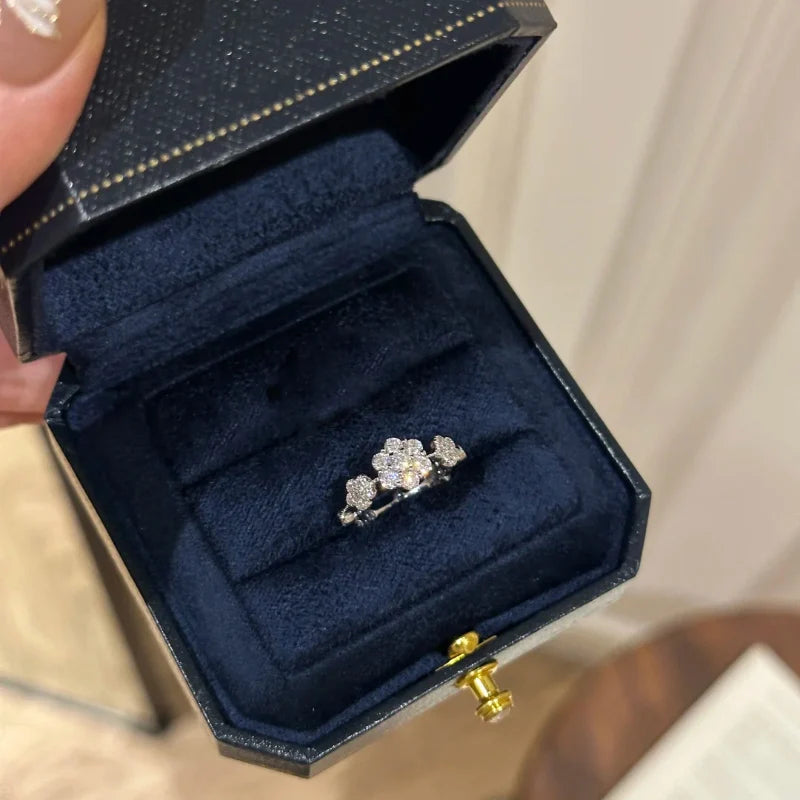 French Style Light Luxury Exquisite Bracelet Chic Elastic Flower Bracelet Sparkling Zircon Snowflake Ring 925 Silver Jewelry Set - Lootquake