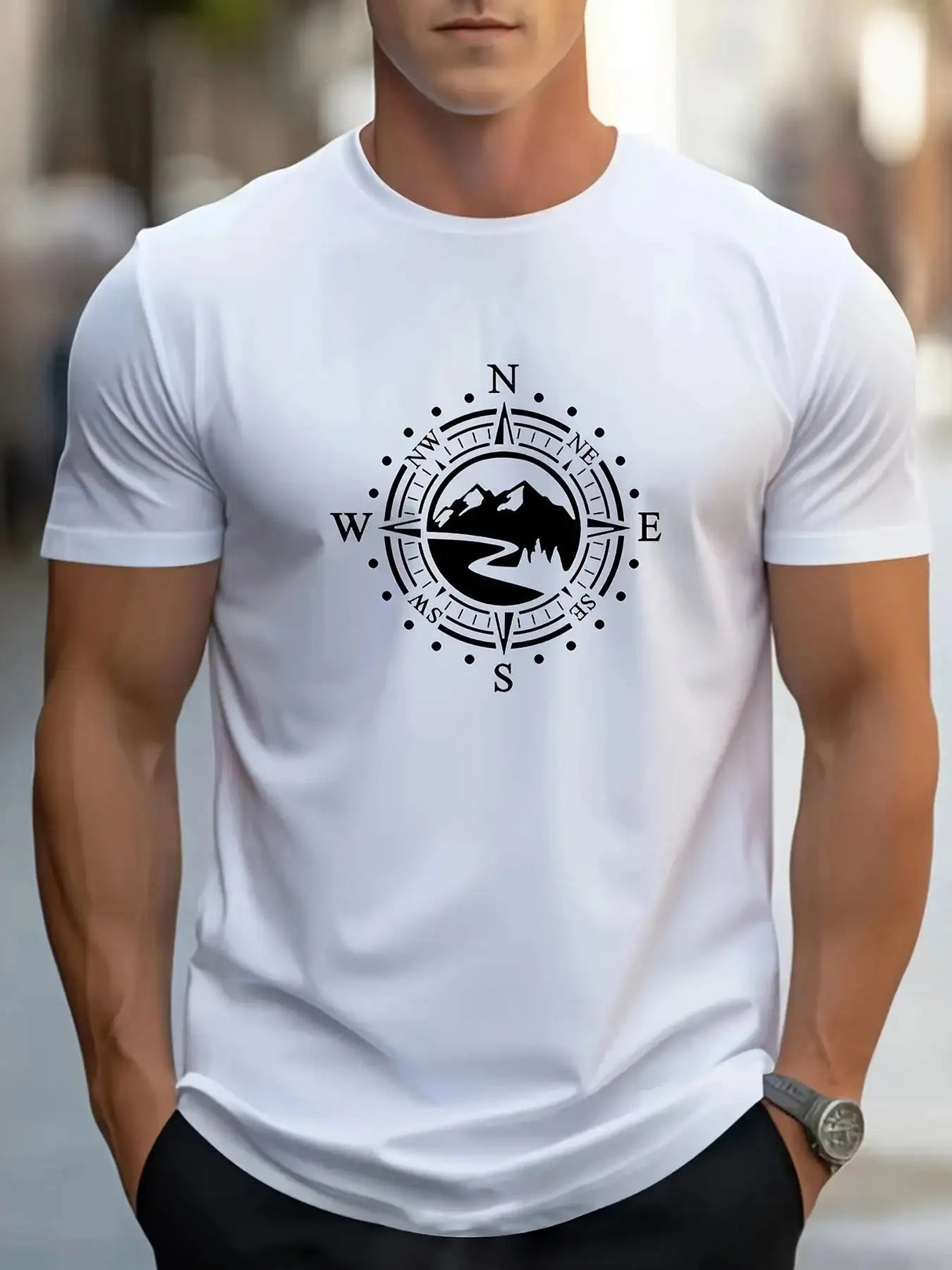 Summer Men's 100% Cotton Casual Loose Large Compass Pattern Printed Sports Comfortable Round Neck Short Sleeve T-shirt Top - Lootquake