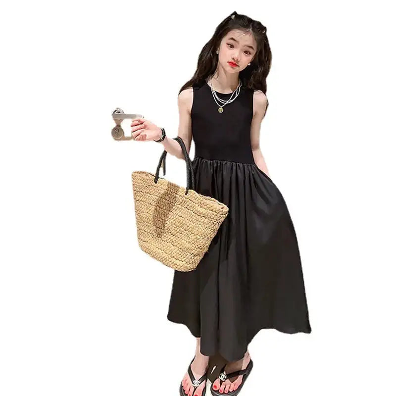 Girls Dresses 2024 New Fashionable Girls' Summer High End Black Solid Long Dress for Children's Summer Sleeveless Vest Dress - Lootquake