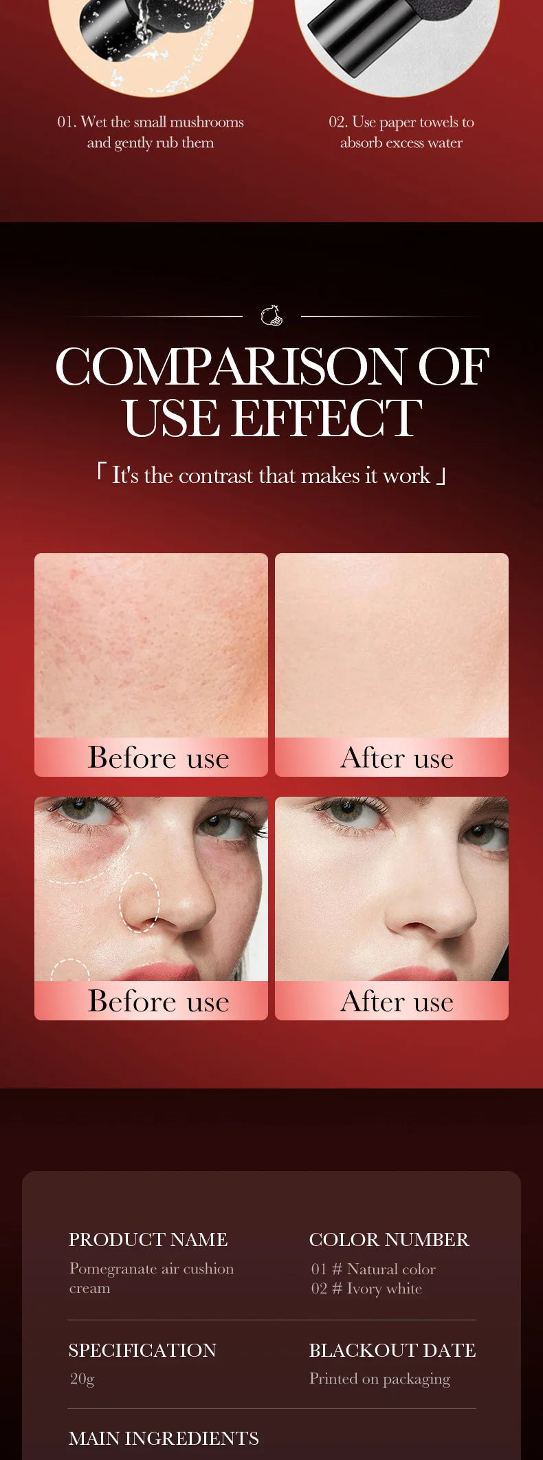 Coussin d'air CC Crème Fond de teint tête de champignon Hydratant Longue tenue Cosmétiques visage Éclaircissant naturel Base de teint Maquillage